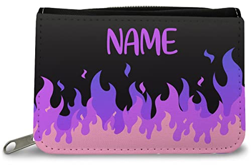 GRAVURZEILE Bedruckte Geldbörse - Flammen Design - Personalisiert mit Namen - Geschenk für Kinder & Teenager für Taschengeld Fahrkarte - für Jungen & Mädchen - Farbe: Lila