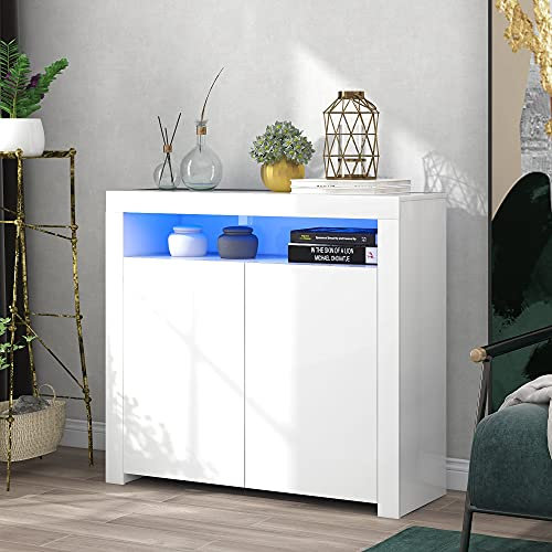 Merax Sideboard mit LED Beleuchtung, Weiss Hochglanz Lagerschrank Beistellschrank mit 2 Türen, Offene Regale, Moderne Anrichte Küchenzeile Schrank für Esszimmer Wohnzimmer Küche, 108 x 92 x 40 cm