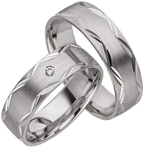 JC Trauringe 925er Sterling Silber Paar-Preis I Eheringe mit kostenfreier Gravur I Partnerringe 6mm breit inkl. Etui I Herren-Ring ohne & Damen-Ring mit Zirkonia-Stein I Größe 48 bis 72 I A03