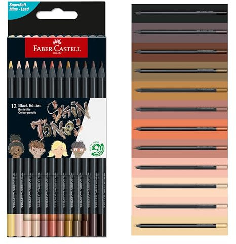 Faber-Castell 116414 Black Edition Boîte de 12 Crayons de Couleurs Peau, Résistants à la Rupture, Prise en Main Ergonomique, Crayon de Couleurs Colorier sur Papier Clair et Foncé