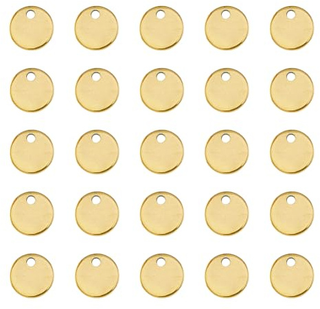 DICOSMETIC 100 Uds Colgantes con Etiqueta En Blanco Estampado Colgantes Redondos Planos Dorados Colgantes Redondos con Etiqueta de Nombre En Blanco de 8mm Abalorios