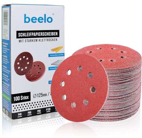 Schleifpapier 125mm Klett (100 Stück) – Schleifscheiben Set für Exzenterschleifer | BEELO – P40/P60/P80/P120/P180 (8 Löcher)