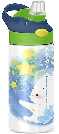 KAAVIYO Baby Bunny Rabbit Star Art Water Bottle Stainless Steel Insulated Vacuum Flask Leak Proof with Straw Brush Cup 350ML for Boys Girls Kids