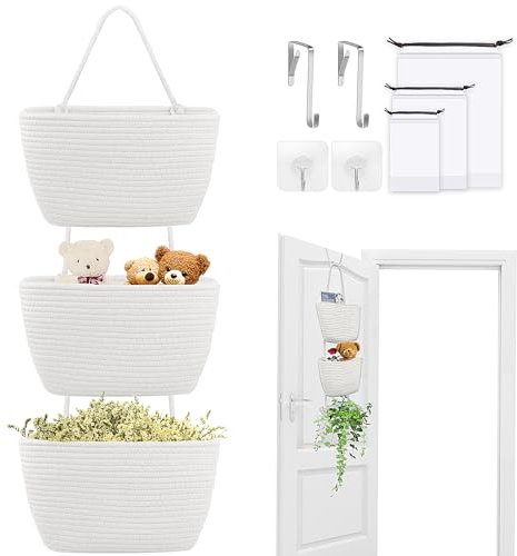 Okabay 3-Tier Over the Door Hanging Basket,Over Door Storage Organiser Wall Hanging Storage Organiser with Hook Storage Bag,Woven Rope Fabric Storage Solution for Bedroom Living Room Bathroom