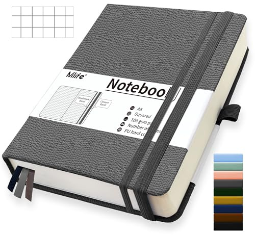 Mlife A5 Kariert Journal Notizbuch,360 Seiten Und 100g/M² Tintenfestes Papier,Hardcover Collegeblock Notizblock,Notizbücher Mit Falttasche Für Büro Schule Zuhause Schreiben&Notizen(Grey)