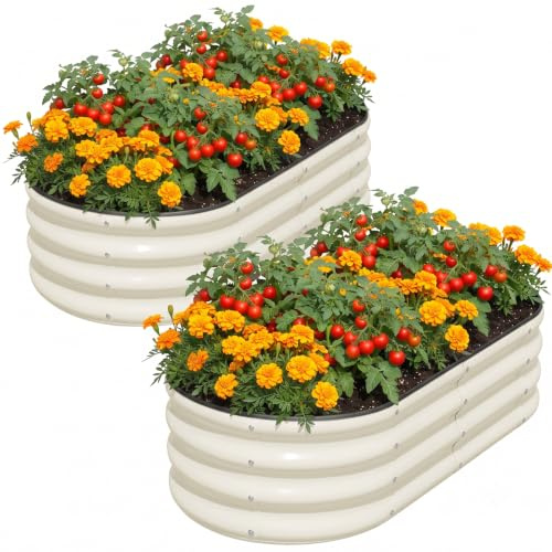 SnugNiture Galvanized Raised Garden Bed Outdoor, 2 Pcs 4x2x1ft Oval Metal Planter Box for Planting Plants Vegetables, White