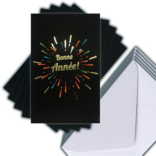 M5-493 Lot 5 Cartes Bonne Année en Or Doré Brillant + 5 Enveloppes Blanches Format 14x9cm - Feu d'Artifice Nuit Noire Nouvel An Fêtes de Fin d'Année