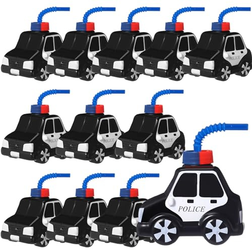 Tanlade 12 Set Police Car Cups with Straws, Police Birthday Party Decoration for Kids,10oz Plastic Transportation Shape Cup Reusable Traffic Vehicle Birthday Party Favor for Car