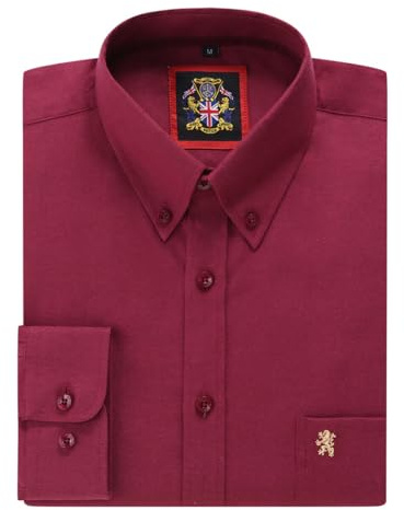 Mens Long Sleeve Shirt Oxford Button Down,Authentic Oxford Crease Free Fabric,16 Plain Colors and Matching Striped Designs.Casual or Smart Work Attire (Plain Wine, LG)