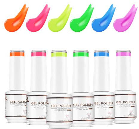 Nicedeco UV Gel Nagellack Set - 6 Neon Farben (Lila, Blau, Grün, Gelb, Rosa, Orange) - 8ml Rainbow Soak Off Gel - 6-3