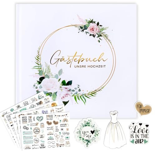 BOFUNX Gästebuch für Hochzeit Hochzeitsgästebuch für unvergessliche Erinnerungen Roseblumen Gästebuch Hochzeitsgeschenk – 60 Seiten mit 5 Blätter DIY Scrapbooking Aufkleber