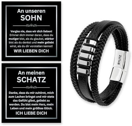 Leder Armband personalisiert mit LED Geschenk-Box An meinen Sohn Mann Schatz Geschenk mit Glückwunschkarte für Männer Herren Jugendliche Jungen Geburtstag Weihnachten