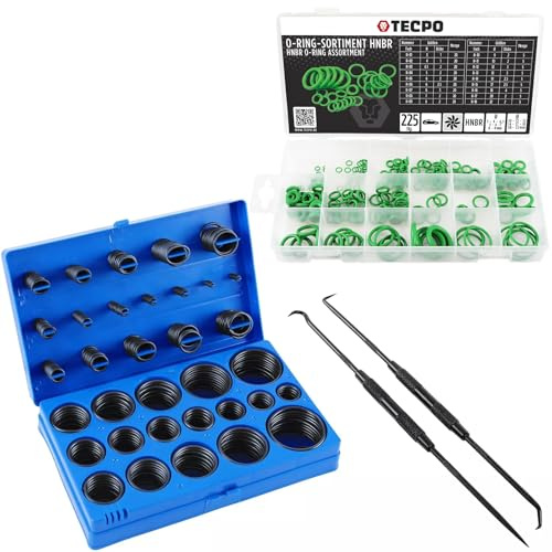TECPO O-Ring Gummi Dichtung Sortiment 3-50 mm 419-teilig Dichtring Dichtungsringe + O-Ring-Sortiment HNBR 3-22 mm 225-teilig + 2x Montagehaken Dichtungsabzieher Haken