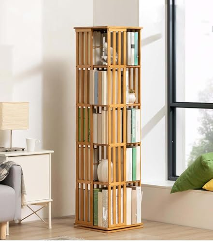 XAFNG Librerías giratoria de bambú de 360°, estantería giratoria de 5/6 Niveles, estantería giratoria de pie para Almacenamiento, Organizador de Torre para Sala de Estar, Sala de Estudio, Oficina