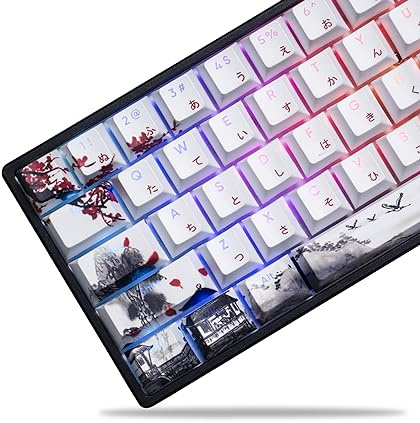 GMKWTL XVX PBT Japanese Keycaps, Shine Through White Keycaps, Plum Blossom Custom Cherry Profile Keycap Set 127 Keys for Cherry Gateron MX Switches Mechanical Keyboards