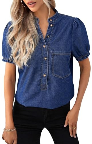 Women's Casual Button Down Mock Neck Puff Short Sleeve Denim Blouse Top