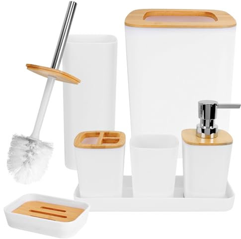 Dadabig Set da bagno da 7 pezzi, set di accessori per il bagno, in bambù, di lusso, moderno, set da bagno, bidone per la spazzatura, dispenser per sapone/portasapone/portaspazzolino/scopino per WC