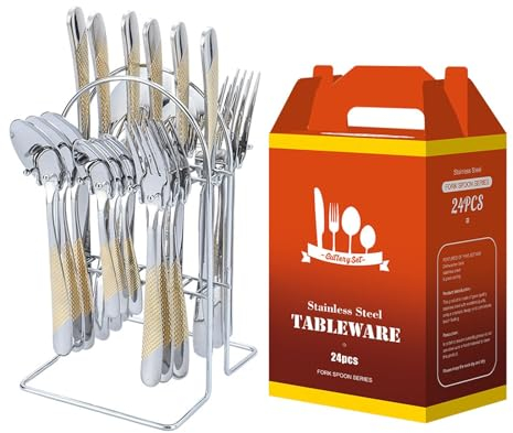 Cutlery Set with Stand, 24 Piece Gold Silverware Set Cutlery Set, Stainless Steel Flatware Set for 6 Person, Mirror Polished Tableware Set with Holder for Home Kitchen (Gold+Silver)