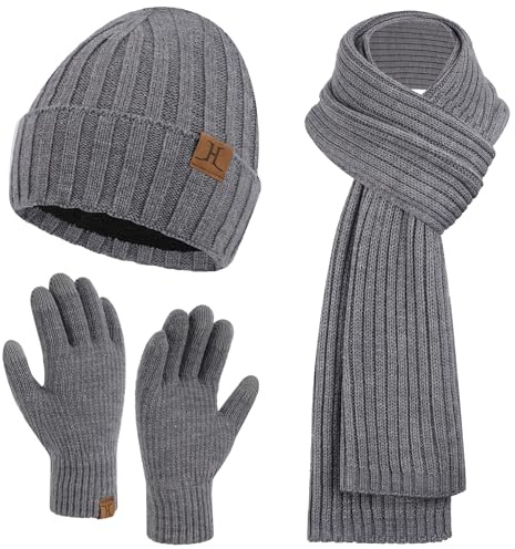 Ensemble Bonnet D'hiver pour Homme, Écharpe Longue, Gants Tactiles avec Bonnet Doublé Polaire Chaude, Cadeau pour Hommes