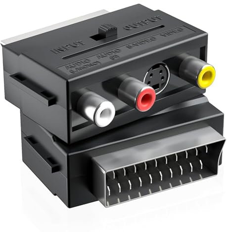 Powice Scart Adapter, 2 Stücke Scart Cinch Adapter, Scart auf 3X Cinch + S-Video mit in/Out-Schalter, Schwarz