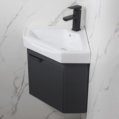 STCERY Eckwaschbecken mit Unterschrank, Eck-waschtisch für Badezimmer, Wandmontiertes Keramikwaschbecken, Badezimmerschrank Mit Wasserhahn Und Abfluss, Badmöbel-Set(48cm/18.9in)