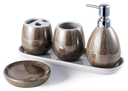 Ceramic Haven Luxe Collection | Oval Set of 5 Premium Bathroom Accessories | Soap Dispenser, Toothbrush Holder, Multipurpose Holder, Tumbler, Vanity Tray | Elegant Décor & Organiser (Luxe Bronze)