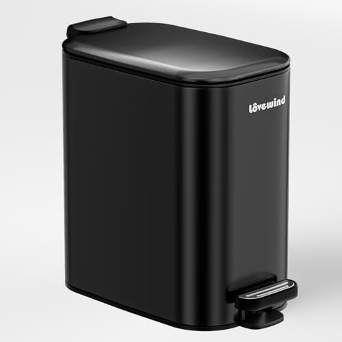 lovewind 6L Bathroom Bin, Slim Pedal Bin for Space-Saving, Small Bin for Compact Spaces, with Lid and Inner Bucket, Softly Close and Stay Open, Modern Design, Easy-Clean & Durable