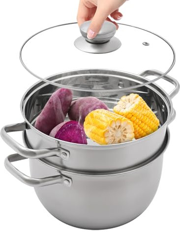 Vaporera de acero inoxidable 304/olla sopera, vaporera de 2 capas para el hogar, con tapa y vapor, 26 cm, adecuada para cocina de gas/cocina de inducción, olla de plata