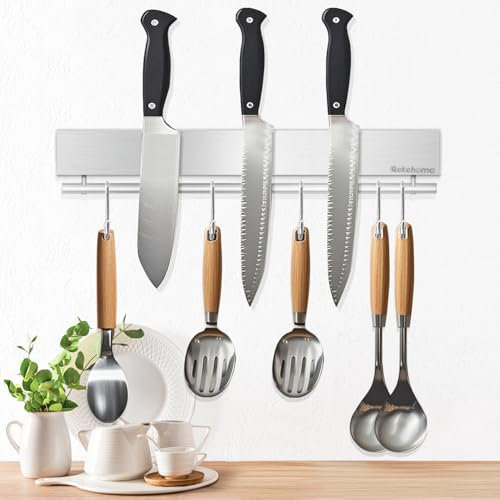 Rekehome 30 cm Magnetic Knife Holder with 5 Hooks, No Drilling Knife Magnetic Strips and Utensil Hanger for The Wall, Strong Knife Magnetic Holder Includes Adhesive Tape and Screws