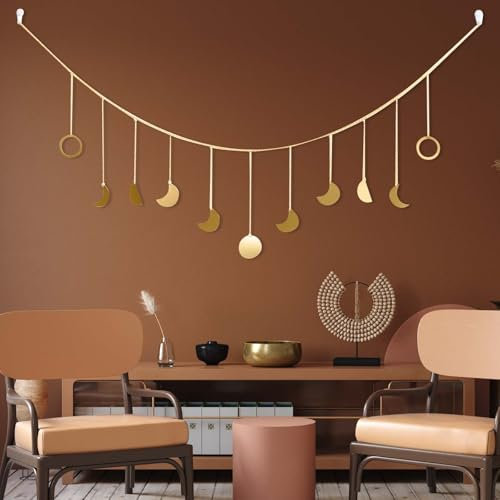 Zimoer Guirnalda de Fases de la Luna Decoración de Pared, Decoración de pared bohemia dorada, Guirnalda de Fases Lunares de Metal Dorado Brillante, para dormitorio, sala de estar, cama, sofá, 141 cm