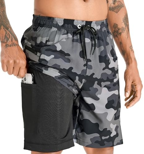 APTRO Badbyxor för män, långa med kompressionsliner, snabbtorkande badshorts, badbyxor, 2 i 1 badbyxor med dragkedja, innerbyxor, surfing, strandbyxor, Camo Grå Mk284, XXL