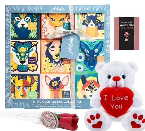 JOLAFUNBS Coffee Gifts Hamper – 9pk Instant Coffee Sachets Individually Wrapped 20g Each, Teddy Bear & Soap Rose – Gifts for Men & Women Mens (I Love You Teddy & Coffee)