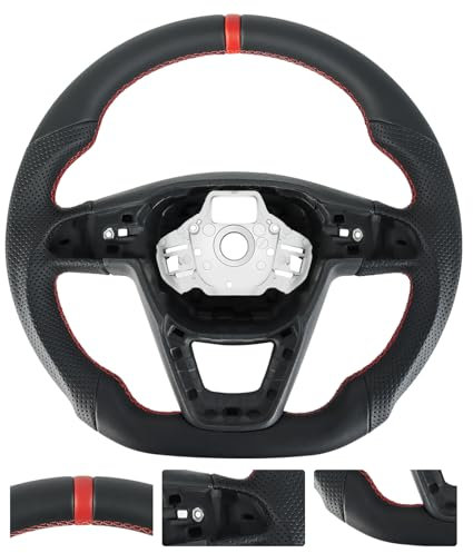 Acclcors Vollleder-Lenkrad, rutschfest, perforierter Ledergriff, atmungsaktiv, D-förmig, flache Unterseite, Lenkrad mit roter Nähte, passend für Seat Cupra Leon MK3 2015–2020