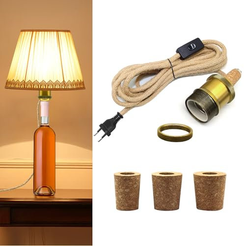 Portalampada per Bottiglia con Interruttore, E27 Portalampada con 240CM Corda di Canapa Cavo e 3 Tappi di Tappo, Adattatore per Lampada a Bottiglia, Lampada da Tavolo per Bottiglia di Vino