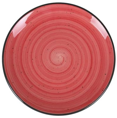 Service d'assiettes rondes de 12 pièces plates et empilables avec bordure noir, SISILIA, 23 cm plat à salade et dessert en porcelaine rouge
