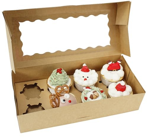 YankMooM 10 Pcs Cupcake Boxes,8 Hole Brown Cupcake Containers Bakery Gift Boxes with Clear Display Window for Wedding Birthday Party Pastry Wrapping Decoration