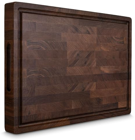 KAAMUT® Schneidebrett aus Nordamerikanischem Schwarznuss-Holz – Massives Hirnholz – 40×27,5×3,5 cm – Extra Dick & Langlebig – Saftrille, Griffe & rutschfeste Füße – Inklusive Premium Holzpflegewachs