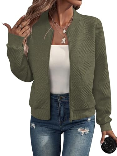 RUISHH Femmes Manches Longues Blouson Jacquard Bombardier Décontracté Zippée Veste de Baseball Légère Vert armée L