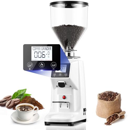 HEIHEIZI Moulin à Café électrique 200G/500G avec Meule Plate, 19 Réglages de Mouture Fine, Mouture Matinale, Machine à Café en Grains,1500ml-White