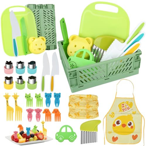 28 Pièces Couteaux de Cuisine pour Enfants, Couteau Enfant avec Emporte-Pièces pour Légumes, Couteau à Lame Dentelée, Planche à Découper et Boîte de Rangement Pliable, Ustensiles de Cuisine Enfant