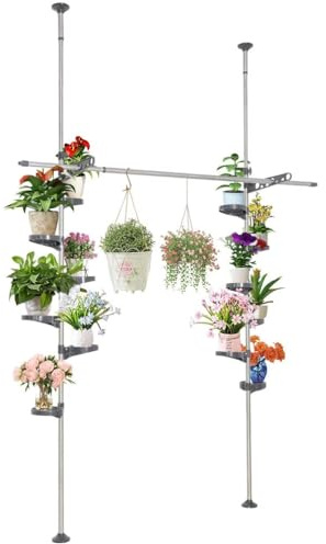 Expandable Metal Plant Stand - Tension Storage Flower Display Rack with 12 Trays, 2 Arms & 1 Hanging Rod for Indoor Use