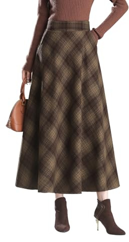 Artykey Jupe Longue Femme Hiver Taille Haute Vintage Élégant Maxi Skirt Carreaux A-Ligne Automne Jupe Plissée Kaki XL(Taille élastique:83cm)