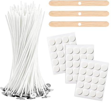 Wanheart 50 Pcs Candle Wicks for Making Candles 10cm Long Pre-Waxed with Metal Tabs Includes 3pcs Wick Holders & 60pcs Glue Dots,Long Lasting No Black Smoke for Home and DIY Candles, White