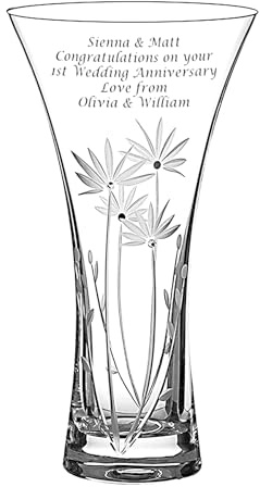 Personalised Flower Vase, Trumpet Shape, 25cm Tall, Etched with Flower Blooms Accented with Diamante Crystals, Engraved With Your Own Words, Beautiful Vase Gift Ready for Giving