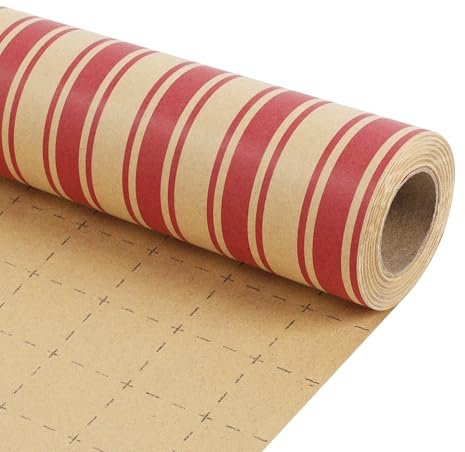 BIOBROWN Geschenkpapier Weihnachten, Kraftpapier-Streifen, 43 cm x 10 m | Rustikales Kraftpapier mit roten Zuckerstangenstreifen und rückseitigem Raster für sauberes Zuschneiden