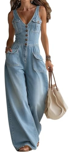 Mono de Mezclilla para Mujer Sexy sin Mangas con Cuello en V Camisola Cintura ahumada Pierna Ancha Jean Mono Largo Mameluco,Light Blue,M