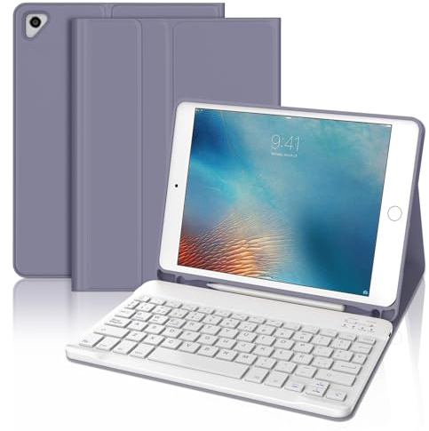 JADEMALL Funda con Teclado para iPad 6a Generación 9.7, Teclado Bluetooth Desmontable con Funda y Portalápices para iPad 6a Gen 2018/5a Gen 2017/iPad Pro 9.7 2016/iPad Air 2/iPad Air 1-Púrpura