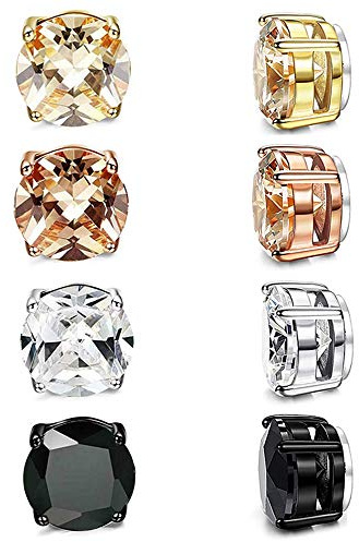 4 par set rostfritt stål starka magnetiska örhängen för män kvinnor clip-on örhängen diamant kubisk zirkonia falska icke-piercade knoppörhängen små runda allergivänliga silver svart guld rosa guld 8