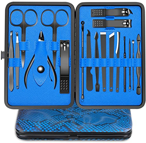 Kit Manucre Pedicure Coupe Ongle Professionnel Coupe Cuticule Acier Inoxydable Trousse Manucure Pedicure Set de 18pcs avec Exquis La Boîte (Bleu)