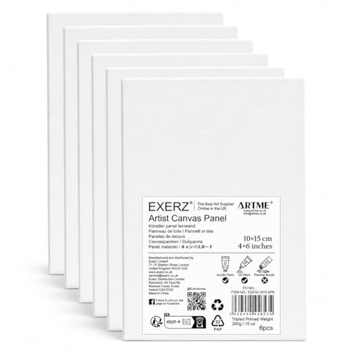 Exerz 10x15cm Malkarton 6 stk - Weiße Leinwandpanel 0.3cm dick 280GSM 100% Baumwolle - Kunstleinwandtafel für Acrylfarben, Ölfarben - Dreifach Grundiert/Ohne Säure/Mittelkörnig